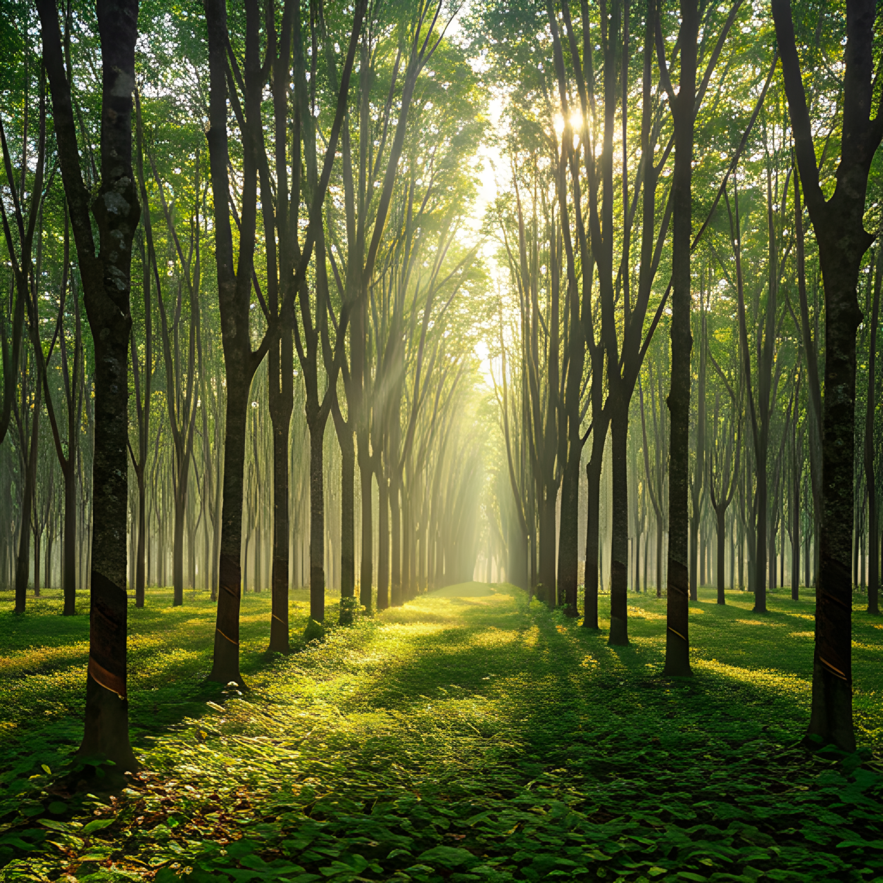 Sunlight filtering through rubber plantation